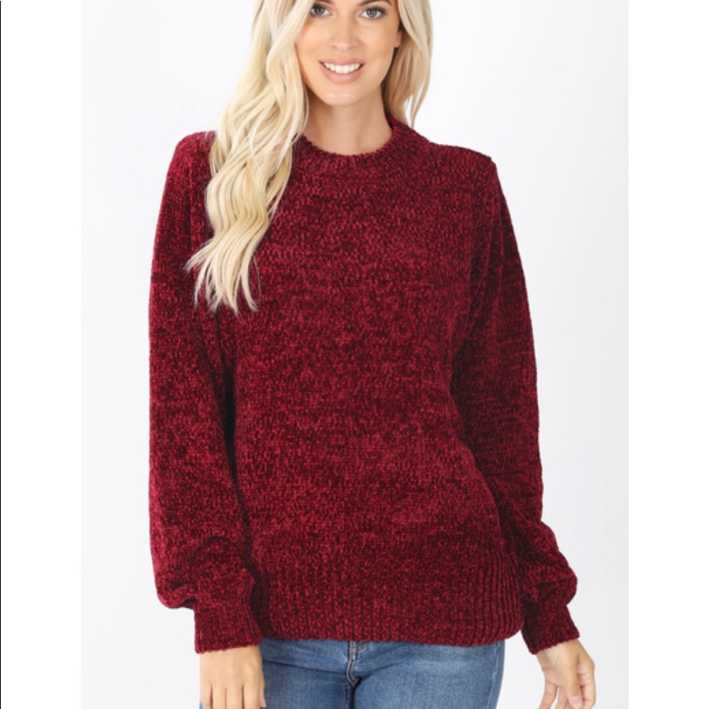 Cabernet red balloon sleeve long sleeve chenille sweater M XL